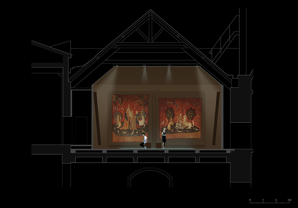 Musée de Cluny, plan coupe de la salle de la Dame à la Licorne